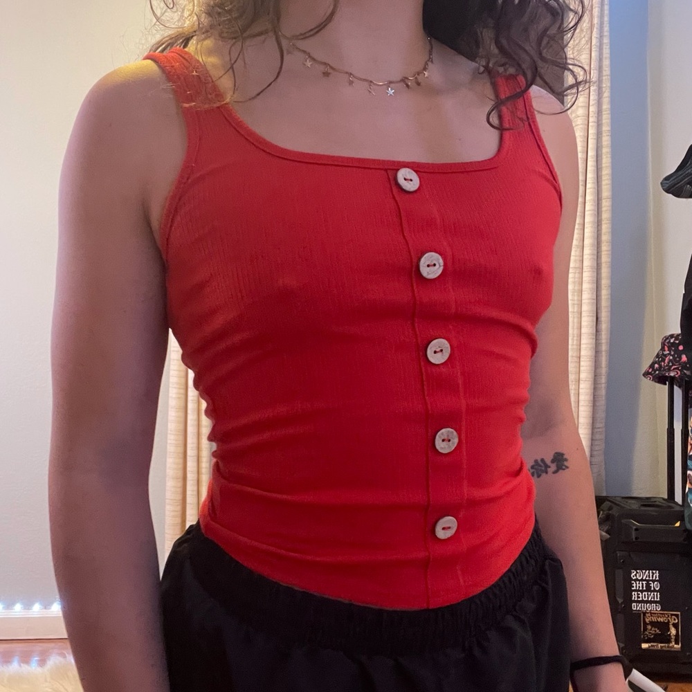 Red button up fitted tank top